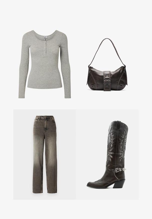 Top de manga larga en gris claro con textura acanalada, escote redondo y tapeta con cuatro botones, silueta ajustada y tejido de punto suave.; Jeans de pierna ancha, grises, con un acabado de denim desgastado. Cintura alta, cinco bolsillos y un cierre de botón clásico. Tejido texturizado con costuras visibles.; Bota cowboy de cuero negro con recortes decorativos, hebilla plateada y tacón inclinado, presentada sobre fondo blanco.; Bolso de hombro de cuero marrón con forma curva, que presenta un prominente detalle de hebilla, costuras en contraste y una sola correa para el hombro.