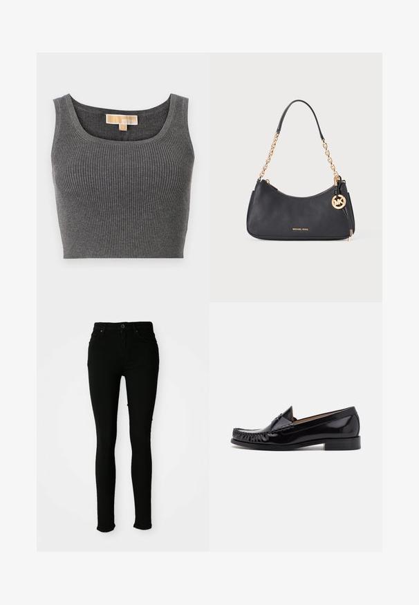 Hallhalli ribaga crop-top, millel on lai ümar kaelus. Omab sileda tekstuuri ja sisekaeluses on silt "MICHAEL".; Mustad mustad teksad, millel on sile tekstuur, kinnitamine nupukese abil, vööklambrid ja mitte ühtegi nähtavat kulumist.; Mustmust valge nahk king, millel on läikiv viimistlus, esiosas fringi detailidega ja madala kubeme kontsaga.; Mustast tekstuuriga nahast Michael Korsi õlakott kuldse kettaga käepidemega ja MK logoga ripats külje peal.