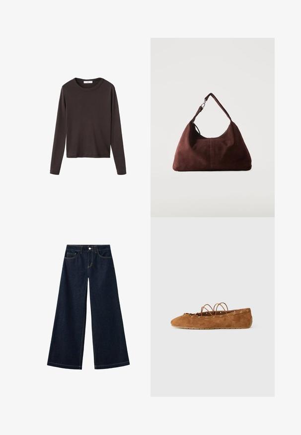 T-shirt marron à manches longues avec un col rond et un tissu en coton lisse et extensible ; présente une coupe décontractée et un design simple.; Jean denim bleu foncé à jambes larges avec poches avant et poche monnaie, fermeture par bouton, et surpiqûres contrastées.; Chaussure plate en daim marron avec des détails en lacets et des œillets dorés, vue de côté sur un fond blanc.; Sac bandoulière en daim marron doux avec une seule lanière et des accessoires métalliques argentés sur un fond clair uni.