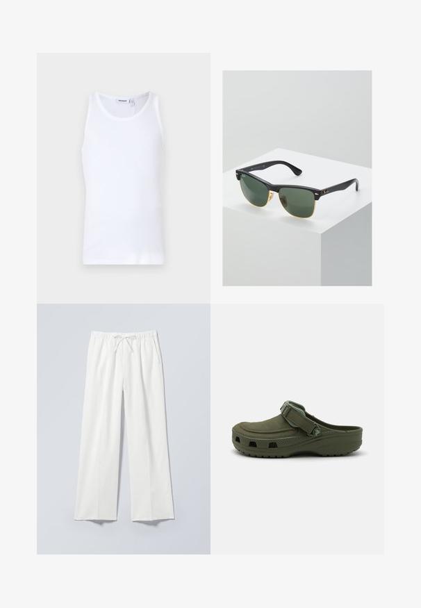 Hvid bomulds tanktop med rund hals og brede stropper. Glat tekstur, ingen mønstre, enkelt design og mærkeetiket på halsudskæringen.; Hvide bukser med vide ben, elastik i taljen og snor, med sidelommer og et blødt, let tekstureret stof.; Grøn gummi klipklap med justerbar rem og ventilationshuller. Glat tekstur, rundt tåparti og hævet sål for komfort.; Ray-Ban solbriller med grønne linser, sorte plastikstel og gyldne detaljer ved kanterne. Firkantet form med mat finish.
