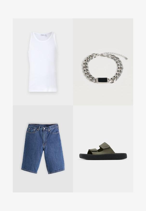 Hvid bomulds tanktop med rund hals og brede stropper. Glat tekstur, ingen mønstre, enkelt design og mærkeetiket på halsudskæringen.; Blå denim knælange shorts med forreste knap og lynlås, bæltestropper og fem-lomme design, lagt fladt på en lys baggrund.; Grønne gummisandaler med to justerbare remme og en tekstureret sort sål med et dækmønster. Brandlogo synligt på remmen.; Sølvkæde armbånd med en sort rektangulær plade og justerbar lås på en lys baggrund.