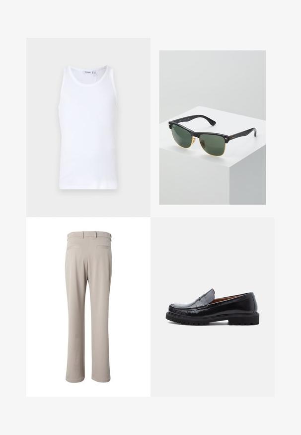 Top sin mangas de algodón blanco con cuello redondo y tirantes anchos. Textura suave, sin patrones, diseño limpio y etiqueta de marca en el escote.; Pantalones beige de corte recto mostrados por detrás, con trabillas para cinturón y dos bolsillos de vivo en la cintura.; Mocasines de penny de cuero negro con suela de goma gruesa y costura tipo moc, presentados de perfil sobre un fondo blanco.; Gafas de sol Ray-Ban con lentes verdes, montura de plástico negro y acentos dorados en los bordes. Forma cuadrada con acabado mate.