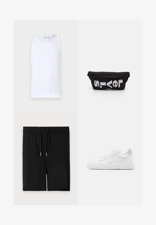 Débardeur en coton blanc avec un col rond et des bretelles larges. Texture lisse, sans motifs, design épuré et étiquette de marque au niveau du col.; Shorts noirs en tissu doux, dotés d'une taille élastique avec cordon de serrage et d'une texture lisse. Pas de poches ni d'embellissements supplémentaires.; Des baskets en cuir blanc avec une finition lisse, un bout rond, des lacets plats et une semelle texturée. Accents en daim gris au niveau du talon.; Sac en tissu noir de forme plate, avec un texte blanc en gras. La fermeture éclair est située en haut, avec un détail en boucle sur un côté.