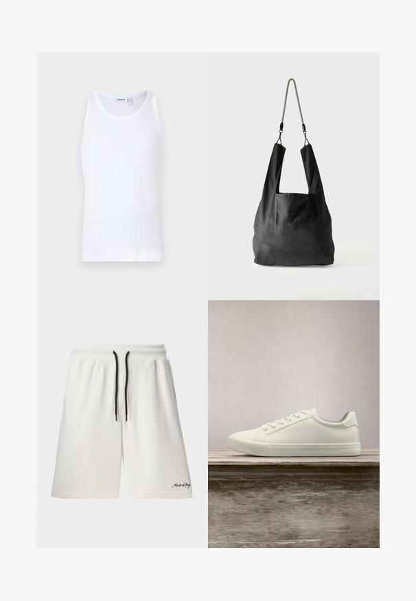 Top sin mangas de algodón blanco con cuello redondo y tirantes anchos. Textura suave, sin patrones, diseño limpio y etiqueta de marca en el escote.; Shorts de algodón blancos con cintura ajustable y detalles en negro. Presentan bolsillos laterales y un pequeño logo en el dobladillo. Textura suave.; Zapatilla blanca con cordones flotando sobre un banco de madera con follaje verde al fondo, mostrando el diseño y la textura del zapato.; Bolsa de mano de tela negra suave con asas anchas y una delgada correa de hombro trenzada en negro y blanco.