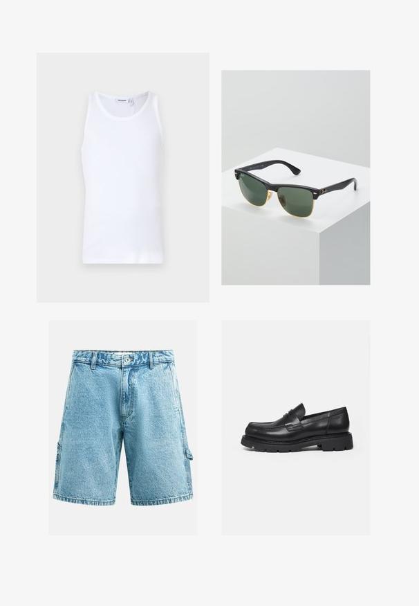 Hvid bomulds tanktop med rund hals og brede stropper. Glat tekstur, ingen mønstre, enkelt design og mærkeetiket på halsudskæringen.; Lyseblå denimshorts med knap og lynlås, bæltestropper, sidelommer og en afslappet fit til knæet.; Sort læderloafer med tyk rillede sål og penny-remdetalje, vist i højre sideprofil på hvid baggrund.; Ray-Ban solbriller med grønne linser, sorte plastikstel og gyldne detaljer ved kanterne. Firkantet form med mat finish.