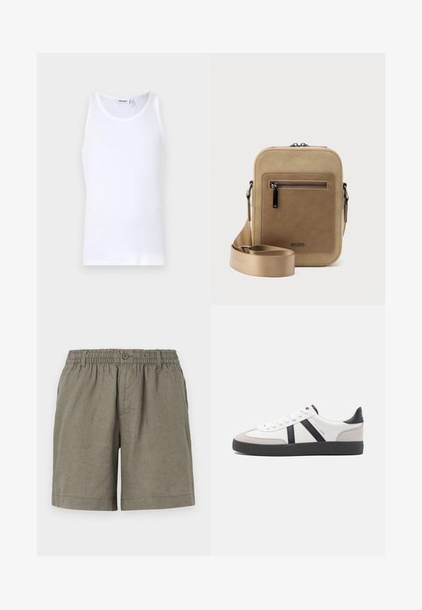 Débardeur en coton blanc avec un col rond et des bretelles larges. Texture lisse, sans motifs, design épuré et étiquette de marque au niveau du col.; Shorts khaki en tissu léger avec une taille élastique et une fermeture à boutons. Ils présentent un design à jambe droite et un ourlet roulé.; Baskets blanches avec des accents noirs et gris, présentant un embout texturé gris, une semelle en caoutchouc noir et des lacets plats blancs. Design épuré, style minimaliste.; Petit sac bandoulière beige avec poche avant zippée, logo métallique ALDO, sangle large ajustable et forme rectangulaire arrondie sur fond blanc.