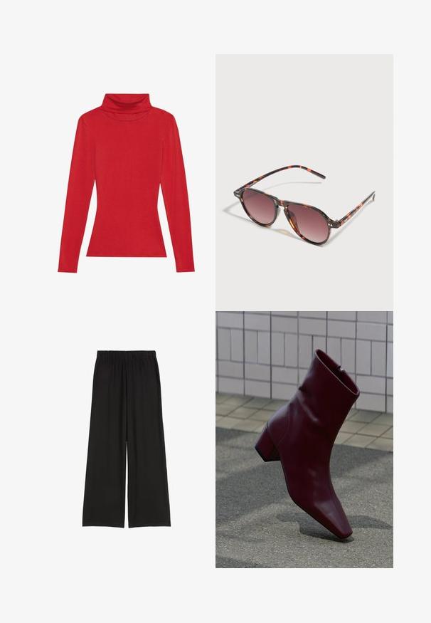 Anna Field LONG SLEEVED TOP WITH WOOL CONTENT - T-shirt à manches longues - red; Pantalons larges noirs avec une taille élastique. Fabriqués en tissu doux, avec une texture lisse et sans motifs visibles ni quincaillerie.; Bottine en cuir bordeaux avec talon bloc, bout pointu et fermeture éclair latérale, posée devant un mur carrelé et un sol en asphalte.; Lunettes de soleil rondes en écaille de tortue avec des verres à dégradé foncé, posées sur une surface claire et projetant une ombre douce.