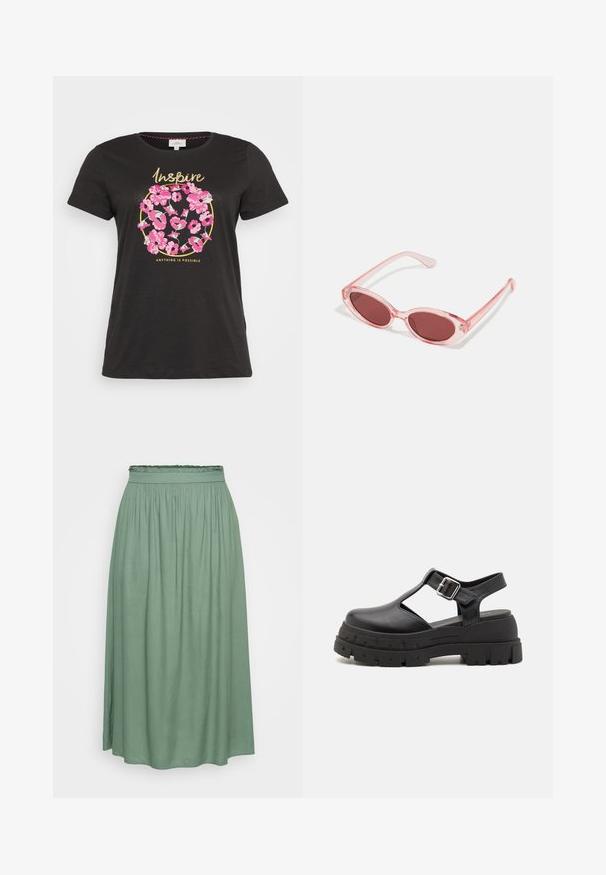 Sort bomulds T-shirt med rund blomsterprint i pink og grøn, med teksten "Inspire" og "Anything is Possible" i guld.; Grøn midi-nederdel med en samlet elastisk talje, glat tekstur og flodende design, der har en let A-form og ingen mønstre.; Sorte platform sandaler lavet af glat syntetisk materiale, med åben tå, udskæringsdesign, justerbar spænde og tykk, tekstureret sål.; Lyserøde transparente solbriller med ovale linser, mørkerød toning og slanke stænger, der har en glat overflade og diskret detaljering på rammen.
