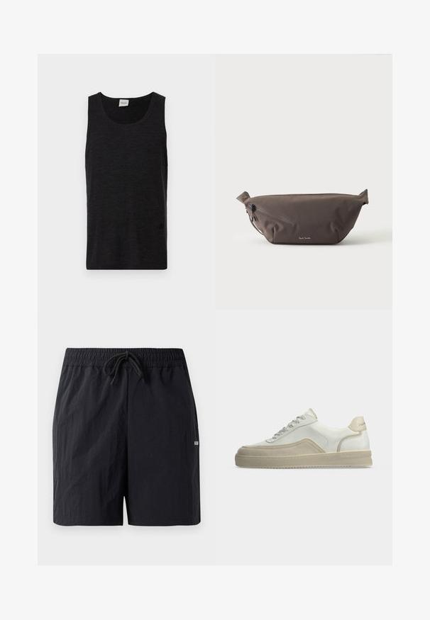 Débardeur noir sans manches en matériau texturé. Doté d'un col rond et d'un accent logo discret près de l'ourlet. Design simple.; Shorts de bain noirs en tissu texturé, avec une taille élastique à cordon de serrage et un petit logo sur le côté.; Baskets basses blanches avec détails en daim beige, lacets à l'avant et languette de talon marquée sur un fond clair uni.; Sac banane en tissu marron foncé avec poche zippée en diagonale et petit logo blanc sur le devant, sur un fond clair uni.