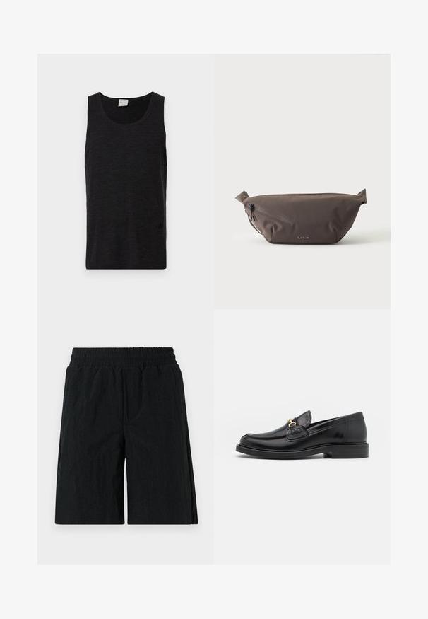 Sort ærmeløs tanktop lavet af struktureret materiale. Har en rund halsudskæring og en diskret logoaccents nær kanten. Simpelt design.; Sorte shorts med elastisk talje, udstyret med et struktureret stof, knælangt design og sidelommer.; Sorte læder loafers med en rund tå, der har guld hardware accent og syningsdetaljer, placeret på en lav, tekstureret gummisål.; Mørkebrun stof talje taske med diagonalt lynlåslomme og lille hvidt logo på fronten, sat mod en ensfarvet lys baggrund.