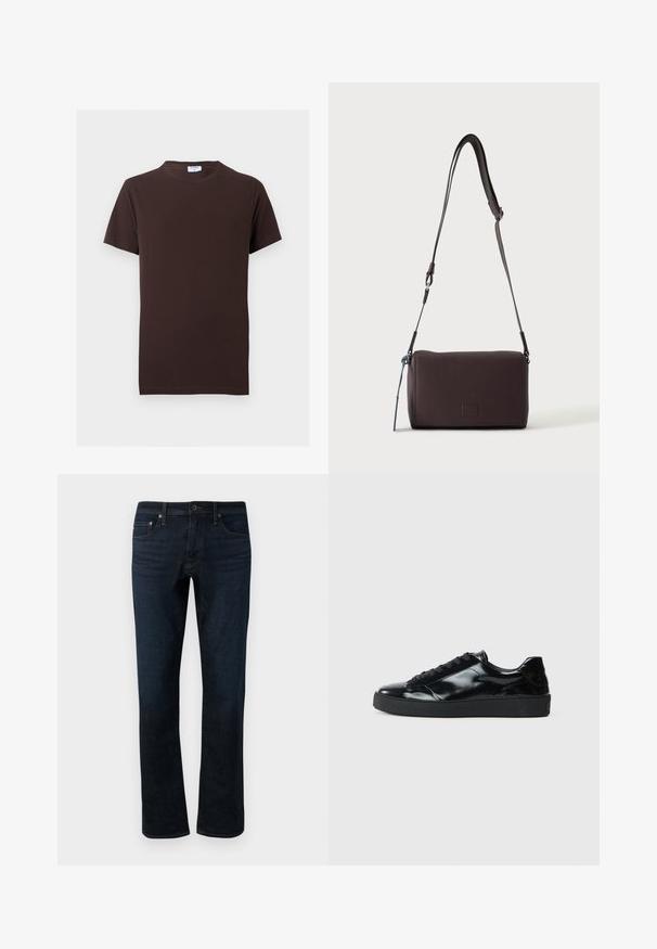 Enkelt mørkebrunt t-shirt med korte ærmer og rund hals, med slank pasform og et lille hvidt mærke inde i kraven.; Mørkeblå denimjeans med lige ben, der har et klassisk fem-lomme design og subtile syninger.; Sorte laklæder sneakers med rund tå, snørredesign, tekstureret gummisål og en glat overflade.; Mørkebrun textured læder crossbody taske med justerbar rem og lille dekorativ blå accent på siden.