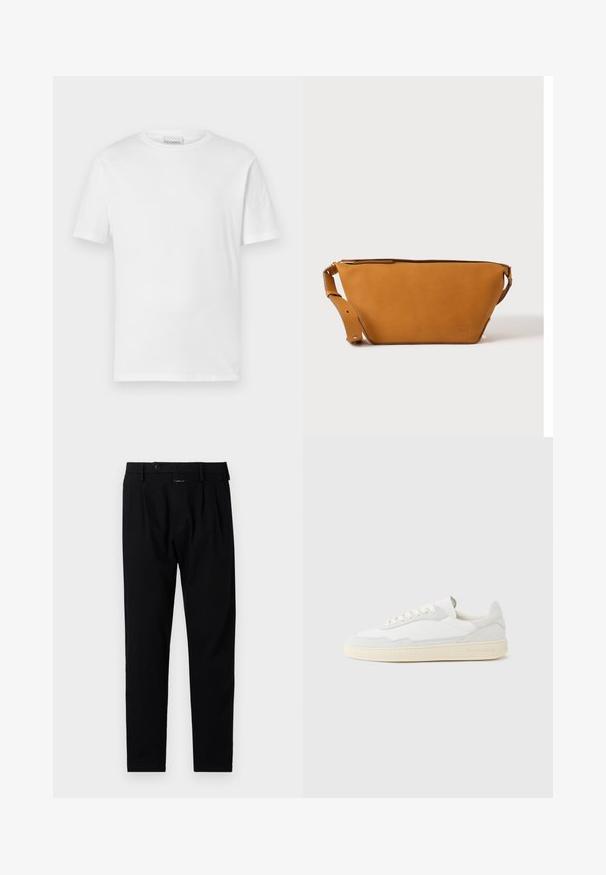 T-shirt blanc à manches courtes en coton. Présente un col rond et un ourlet droit. Sans motifs ni embellissements. Design simple.; Pantalon noir à coupe ajustée, présentant un devant plat, des plis simples et une fermeture à bouton. Fabriqué en tissu lisse, adapté pour des tenues formelles.; Baskets blanches avec dessus en daim et cuir texturé. Caractérisées par un bout arrondi, une fermeture à lacets et une semelle en caoutchouc beige contrastante.; Sac bandoulière en cuir marron clair avec sangle réglable et fermeture éclair, présenté sur un fond clair uni.