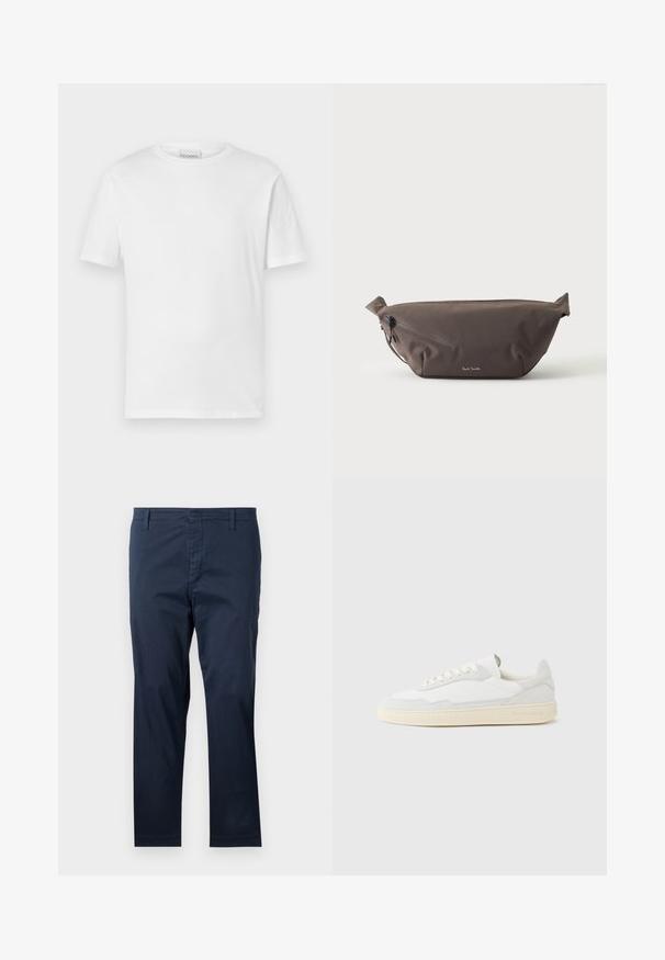 Camiseta blanca de manga corta hecha de algodón. Presenta un escote redondo y un dobladillo recto. Sin patrones ni adornos. Diseño simple.; Pantalones de algodón azul marino con corte recto, que cuentan con presillas para cinturón y cremallera, textura suave y terminaciones limpias en los dobladillos.; Zapatilla blanca con parte superior texturizada de ante y cuero. Presenta una puntera redondeada, cierre con cordones y suela de goma beige contrastante.; Riñonera de tela marrón oscuro con bolsillo diagonal con cremallera y pequeño logo blanco en el frontal, sobre un fondo liso y claro.