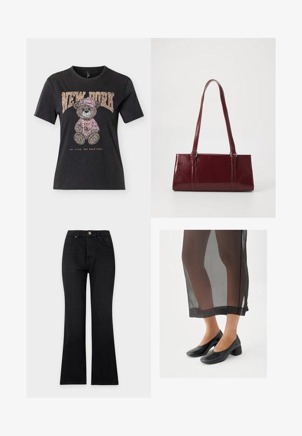 T-shirt noir à manches courtes avec un ours en peluche portant un chapeau et un pull roses, texte "NEW YORK" au-dessus et "ONE TEAM. ONE HEARTBEAT." en dessous.; Jean noir taille haute à coupe droite, fermeture devant par boutons et design cinq poches sur un fond clair uni.; Chaussures noires à talons blocs avec une finition en cuir lisse, portées avec une jupe noire transparente à ourlet net et design minimaliste.; Sac à main bordeaux en matériau brillant, de forme rectangulaire, avec deux anses et des accents légèrement courbés à l'avant.