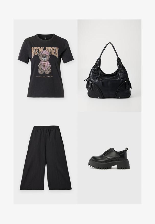 Camiseta negra de manga corta con un osito de peluche que lleva un sombrero rosa y un suéter, texto "NEW YORK" arriba y "ONE TEAM. ONE HEARTBEAT." abajo.; Pantalones cortos de pierna ancha negros con cintura elástica, hechos de tela ligera, mostrados planos sobre un fondo claro.; Zapatos de plataforma negros hechos de cuero suave con una suela gruesa y texturizada y punta redonda. Presenta seis ojales y una pestaña de tirón.; Bolso de mano de cuero negro con asas dobles, bolsillos con cremallera en la parte frontal y detalles de remaches metálicos, situado contra un fondo liso claro.