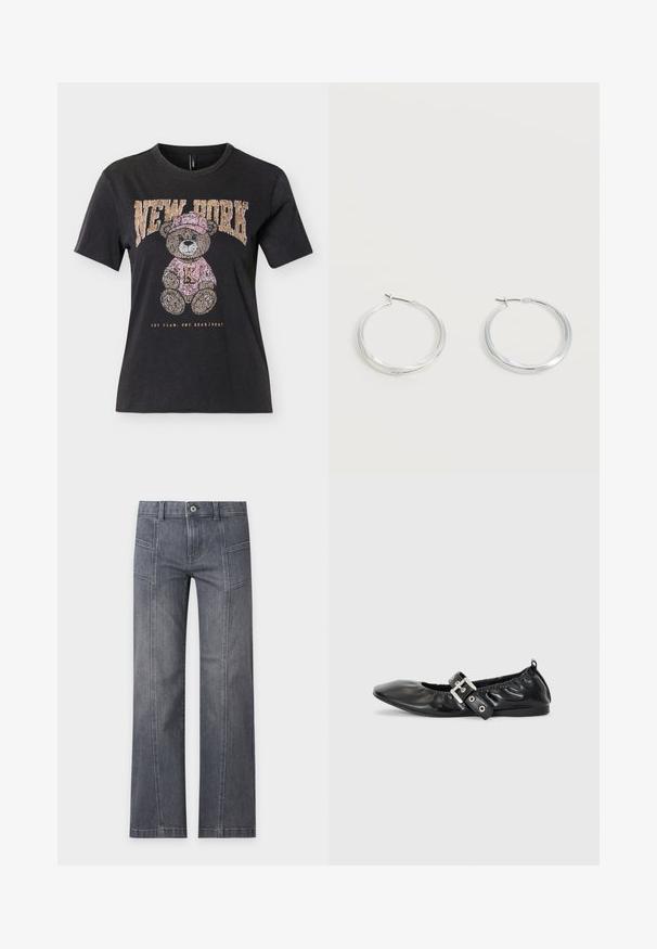 Sort T-shirt med korte ærmer med en tøjdyrsbamse iført en lyserød hat og sweater, teksten "NEW YORK" over og "ONE TEAM. ONE HEARTBEAT." under.; Grå straight-leg denim jeans med detalje ved frontsyning, bæltestropper og knaplukning på en ensartet lys baggrund.; Sorte læder flade sko med spids tå, samling detaljer omkring åbningen, og en sølv spænde accent på den justerbare rem.; Sølvfarvede metaloorringe med glat, let buet overflade og låsemekanisme på en ensfarvet hvid baggrund.