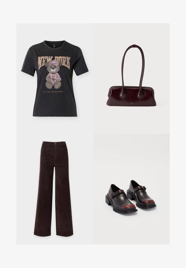 Zwart T-shirt met korte mouwen met een teddybeer die een roze hoed en trui draagt, de tekst "NEW YORK" erboven en "ONE TEAM. ONE HEARTBEAT." eronder.; Donkerbruine corduroy wijde broek met voorzakken, riemlussen en een knoopsluiting in de taille.; Leren blokhak schoenen met een glanzende donkerburgundy afwerking, voorzien van een gespstrap en een rond neusstuk. Getextureerde zool voor grip.; Donkerbruine glanzende leren handtas met lange, dunne handvatten en een gestructureerde rechthoekige bodem op een effen lichte achtergrond.