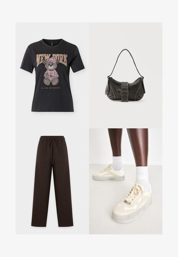 Schwarzes kurzärmeliges T-Shirt mit einem Teddybär, der einen rosa Hut und Pullover trägt, mit dem Schriftzug "NEW YORK" darüber und "ONE TEAM. ONE HEARTBEAT." darunter.; Dunkelbraune Hosen mit weitem Bein und elastischem Kordelzugbund, flach auf hellem Hintergrund ausgebreitet.; Beige Sneakers aus glattem Leder und Wildlederakzenten, graue Gummisohle, strukturierte Muster und ein metallisches Markenlogo an der Seite.; Schwarze Leder-Schultertasche mit Schnallengurt-Detail, abgerundeten Kanten und kontrastierenden weißen Nähten auf schlichtem Hintergrund.