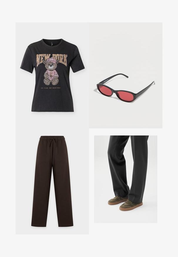 T-shirt noir à manches courtes avec un ours en peluche portant un chapeau et un pull roses, texte "NEW YORK" au-dessus et "ONE TEAM. ONE HEARTBEAT." en dessous.; Pantalon large marron foncé avec taille élastique à cordon, présenté à plat sur un fond clair.; Baskets en daim vert avec semelles en caoutchouc marron, dotées d'un design à lacets et de détails de couture courbes, assorties à un pantalon noir sur mesure.; Lunettes de soleil ovales noires avec des branches fines et des verres teintés rouges posées sur une surface blanche.