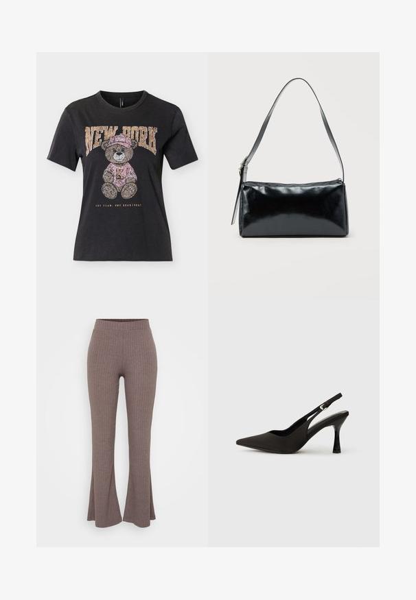 Schwarzes kurzärmeliges T-Shirt mit einem Teddybär, der einen rosa Hut und Pullover trägt, mit dem Schriftzug "NEW YORK" darüber und "ONE TEAM. ONE HEARTBEAT." darunter.; Braune gerippte Schlaghosen mit einem hohen, dehnbaren Bund und einer weichen Textur, die ein dezentes vertikales Muster aufweisen.; Schwarze Slingback-Absatzschuhe mit spitzem Zehenbereich, glattem, mattem Finish und schmalem, glanzvollem Absatz. Verstellbarer Riemen mit kleiner Schnallen-Detail.; Schwarze rechteckige Schultertasche mit einem verstellbaren Riemen und einem oberen Reißverschluss vor einfachem Hintergrund.