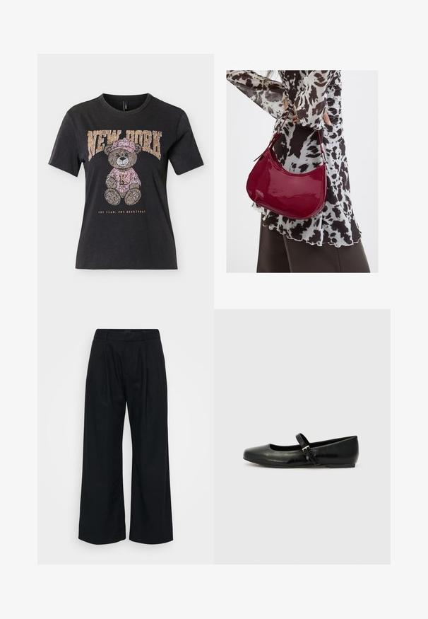 Camiseta negra de manga corta con un osito de peluche que lleva un sombrero rosa y un suéter, texto "NEW YORK" arriba y "ONE TEAM. ONE HEARTBEAT." abajo.; Pantalones de pierna ancha negros, hechos de un tejido suave, con un frente plano, pliegues visibles y una cinturilla con argollas para un cinturón.; Bailarinas de cuero negro con punta redondeada, suela plana y una delgada correa ajustable en el empeine que cuenta con una hebilla de metal.; Mujer con blusa de estampado en blanco y negro sosteniendo un bolso de hombro rojo brillante sobre un fondo liso.