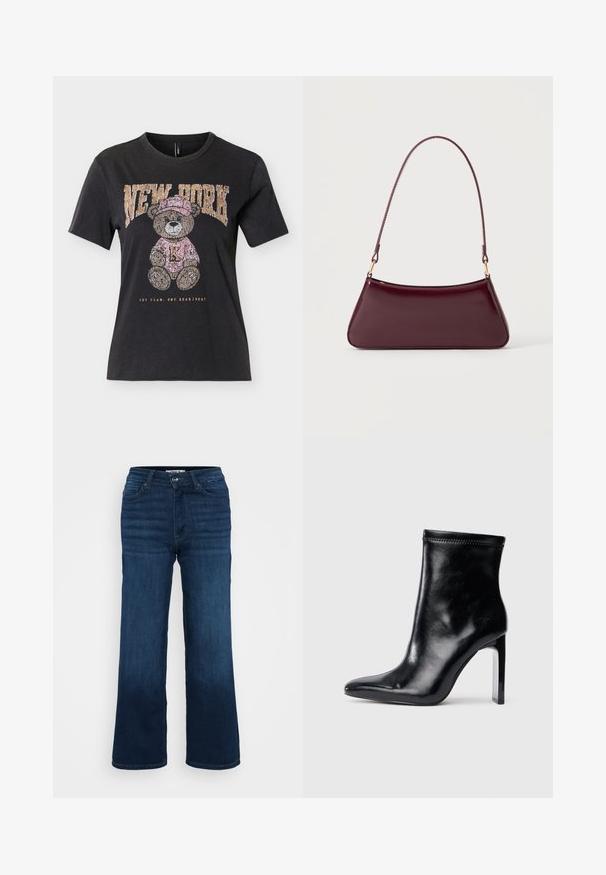 Must lühikeste varrukatega T-särk, millel on roosa mütsi ja kampsuniga karu kujutis, üleval tekst "NEW YORK" ja all "ONE TEAM. ONE HEARTBEAT."; ONLY Petite ONLMADISON BLUSH WIDE - Wide leg - dark blue denim; Must mustanahk kinga terava koon ja kõrge selge kontsaga. Sile tekstuur ja minimaalne õmblusharjutus pealsel.; Tume burgundia läikiv käekott ühe õhukese sangaga ja sujuva trapetsikujuga helel ühtlasel taustal.