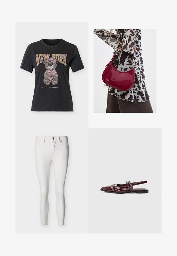 T-shirt noir à manches courtes avec un ours en peluche portant un chapeau et un pull roses, texte "NEW YORK" au-dessus et "ONE TEAM. ONE HEARTBEAT." en dessous.; Jean blanc slim fit avec fermeture à boutons et fermeture éclair, poches avant et passants pour ceinture, présenté sur un fond neutre.; Chaussure plate slingback en cuir verni bordeaux avec un bout pointu, présentant des lanières décoratives avec des accents métalliques.; Femme portant un chemisier à motif noir et blanc tenant un sac à main rouge brillant sur un fond uni.