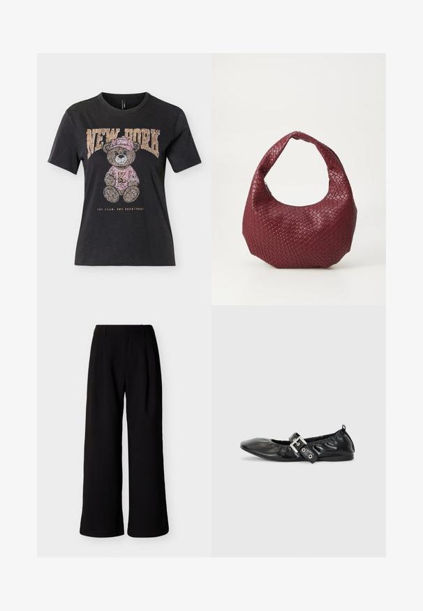 T-shirt noir à manches courtes avec un ours en peluche portant un chapeau et un pull roses, texte "NEW YORK" au-dessus et "ONE TEAM. ONE HEARTBEAT." en dessous.; Pantalon noir à jambes larges, taille haute, passants pour ceinture et poches latérales, présenté sur fond blanc uni.; Chaussure plate en cuir noir avec un nez pointu, des détails froncés autour de l'ouverture et un accent en boucle argentée sur la bride ajustable.; Sac à main tissé bordeaux avec une silhouette arrondie, une seule poignée et une finition texturée. Fermeture zippée en haut.