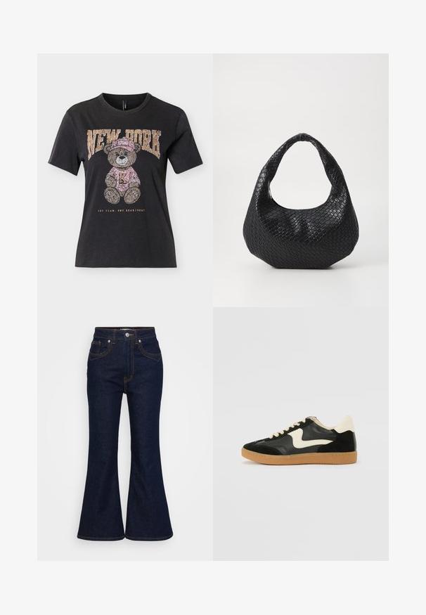 Schwarzes kurzärmeliges T-Shirt mit einem Teddybär, der einen rosa Hut und Pullover trägt, mit dem Schriftzug "NEW YORK" darüber und "ONE TEAM. ONE HEARTBEAT." darunter.; Dunkelblaue, hochtaillierte Denim-Jeans mit ausgestellten Beinen, Knopf- und Reißverschluss vorne sowie kontrastierendem orangefarbenem Nähen.; Schwarze Wildleder- und Leder-Sneaker mit einem cremefarbenen Seiten-Swoosh und einer hellcremefarbenen Ferse. Ausgestattet mit beige Schnürsenkeln und einer Gummilaufsohle.; Schwarze gewebte Handtasche mit einem gebogenen Griff, die eine strukturierte Oberfläche und eine lässige Form hat. Glatte Oberfläche mit einer organischen Silhouette.