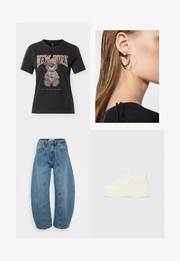 Camiseta negra de manga corta con un osito de peluche que lleva un sombrero rosa y un suéter, texto "NEW YORK" arriba y "ONE TEAM. ONE HEARTBEAT." abajo.; Vaqueros de tiro alto en azul claro, fabricados en denim, con corte de pata ancha, cinco bolsillos y detalles de costura. Textura suave con un acabado limpio.; Zapatilla blanca con plataforma, dos tiras de Velcro y tachuelas plateadas en el talón, vista lateral sobre un fondo liso.; Pendiente de aro de plata con un acabado pulido, que presenta pequeños detalles en dorado y una forma redonda, llevado en el lóbulo.