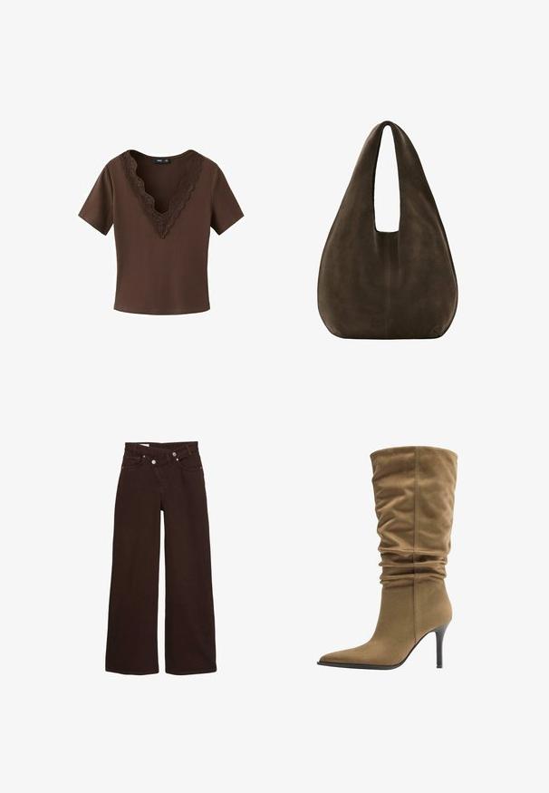 Haut marron en maille côtelée à manches courtes avec un décolleté en V profond orné d'une bordure en dentelle festonnée, étiquette MNG, taille petite.; Jean taille haute, coupe large, couleur marron, avec fermeture éclair et bouton à l'avant, comprenant des poches avant et arrière.; Botte molle mi-mollet en daim couleur tan avec bout pointu et talon haut fin noir.; Sac hobo en daim marron foncé doux avec une large bandoulière unique et un fond arrondi sur fond blanc.