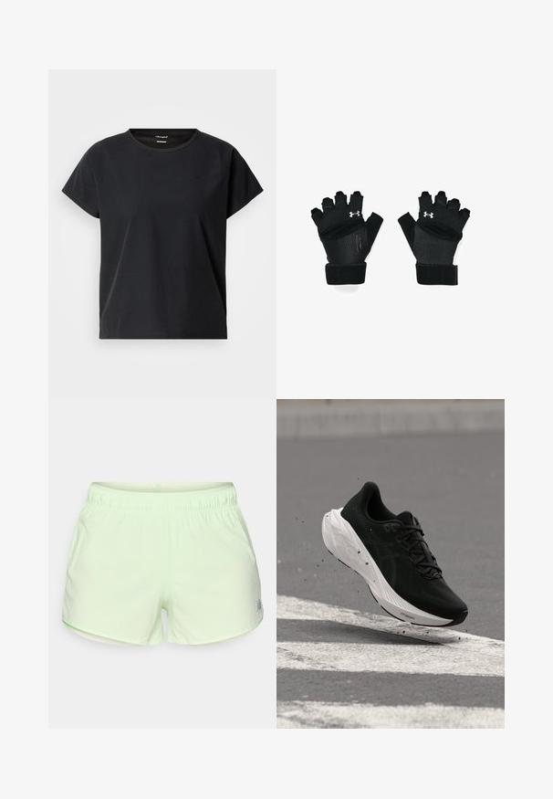 Zwart sport-T-shirt met korte mouwen en ronde hals, gemaakt van getextureerde stof, met een subtiel logo aan de voorkant.; Lichtgroene sportshorts met een elastische tailleband en kleine perforaties voor ademend vermogen, met een klein reflecterend logo vlak bij de zoom.; Zwarte hardloopschoen met dikke witte zool die boven asfalt zweeft met witte wegmarkeringen en kleine vuildeeltjes eromheen.; Zwarte traininghandschoenen met een open vingerontwerp, versterkte stiksels, een gevoerde palm en verstelbare polsbanden. Voorzien van een zilveren logo-accent.
