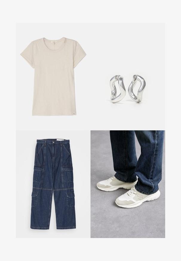 T-shirt beige clair à manches courtes en tissu doux, avec un col rond et une petite étiquette logo en bas à gauche.; Pantalons cargo en denim bleu foncé avec une coupe décontractée, plusieurs poches et une conception à jambe droite. Présente des détails de couture et une fermeture à bouton.; Baskets en gris clair et beige doux en maille avec des accents en daim. Dotées d'un design à lacets et d'une épaisse semelle en caoutchouc blanc. Portées avec un jean bleu.; Boucles d'oreilles créoles argentées avec un design torsadé. Bords arrondis et finition brillante. Fermoirs ouverts pour un port facile. Texture lisse sur toute la surface.