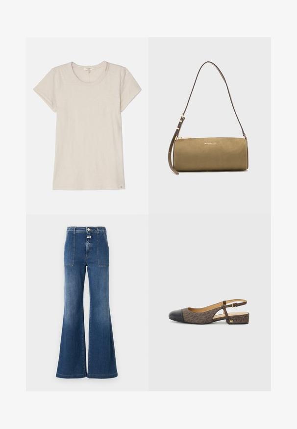 Lichtbeige T-shirt met korte mouwen van zachte stof, met een ronde halslijn en een klein logo-label aan de onderlinkerkant.; Hoge taille flared jeans in middelblauw denim met een vervaagde afwerking. Heeft patchzakken en een knoopsluiting. Schoon zoom.; Slingback schoen met een bruine gestreepte stoffen bovenkant en een zwarte leren neus. Heeft een kleine blokhak en een gespstrap.; Olijfgroene cilindervormige leren handtas met een dun verstelbaar hengsel en een gouden Michael Kors-logo aan de voorkant.