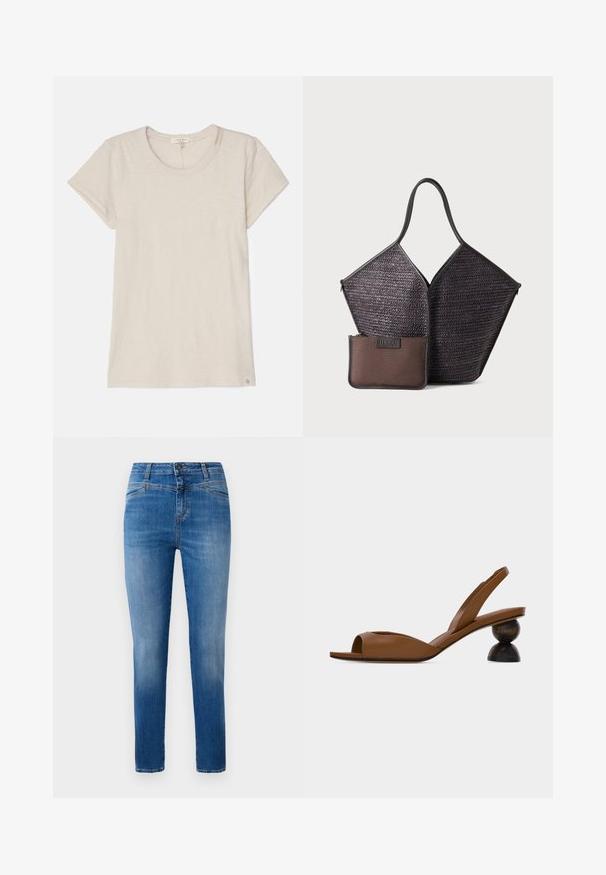 Helle beige Kurzarm-T-Shirt aus weichem Stoff, mit einem runden Halsausschnitt und einem kleinen Logosticker unten links.; Klassische blaue Jeans aus Denim mit geradem Bein, gestaltet mit einem mittelhohen Bund, Vordertaschen und orangefarbenen Nähten.; Braune Slingback-Sandale mit offenem Zehenbereich und einem markanten runden, zweiteiligen Holzabsatz vor hellem einfarbigem Hintergrund.; Hereu CALELLA - Shopping Bag - dark brown