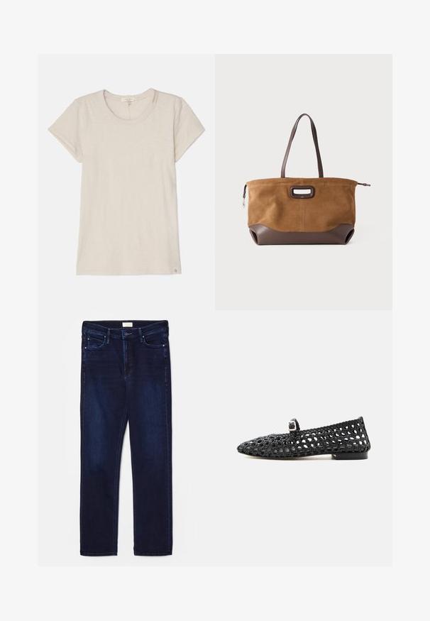 Helle beige Kurzarm-T-Shirt aus weichem Stoff, mit einem runden Halsausschnitt und einem kleinen Logosticker unten links.; Dunkelblaue Denim-Jeans im Slim-Fit mit fünf Taschen, gesteppten Akzenten und geradem Bein. Mit Knopf- und Reißverschluss.; Schwarzer gewebter flacher Schuh mit einem kleinen Schnallriemen über der Oberseite und einem niedrigen Absatz, seitlich auf weißem Hintergrund dargestellt.; Braune Wildledertasche mit dunkelbraunen Lederakzenten, rechteckiger Form, zwei Griffen und einer ovalen Aussparung auf der Vorderseite. Reißverschlussverschluss.