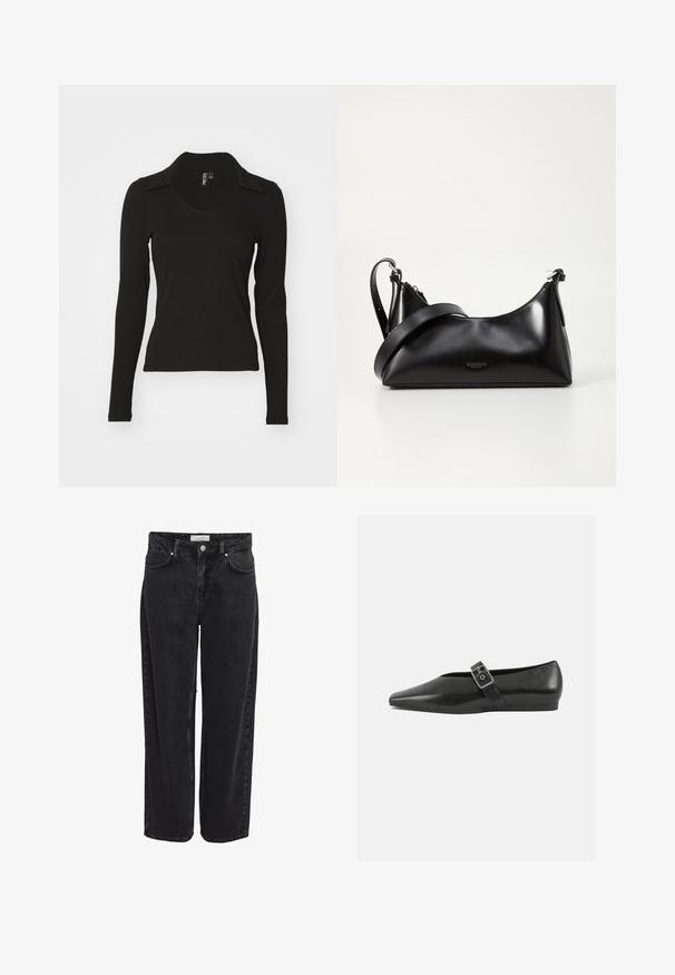 Schwarzes Langarmoberteil mit V-Ausschnitt und Kragen, aus geripptem Stoff. Enganliegendes Design, ohne Muster oder sichtbare Akzente.; Schwarze Denim-Jeans mit weitem Bein und hoher Taille, fünf Taschen und Reißverschluss. Glatte Textur mit minimal sichtbaren Nähdetails.; Schwarze Lederflachschuhe mit spitzem Zehenbereich, ausgestattet mit einem metallischen Riemen über dem Spann und einer niedrigen, flexiblen Sohle.; Schwarze lederne Handtasche mit glatter Textur. Verfügt über einen verstellbaren Riemen und ein elegantes, minimalistisches Design mit einem Reißverschluss.