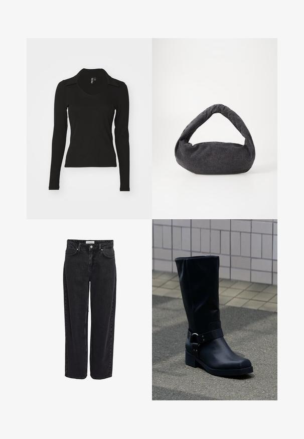 Sort langærmet top med v-hals og krave, lavet af ribbet stof. Tætsiddende design, ingen mønstre eller detaljer synlige.; Sort denim bukser med vide ben og høj talje, fem-lomme design og lynlåsgylp. Glat tekstur med minimale synlige syningsdetaljer.; Sort læderstøvle midt på læggen med lav blokhæle og en dekorativ rem med metal spænde rundt om anklen, på en flisebelagt fortov.; Mørkegrå stofpose med et buet håndtag, blød tekstur og rund form. Ingen synligt hardware eller pynt.