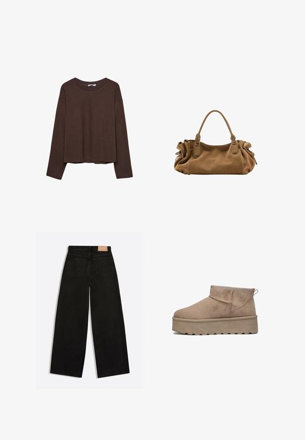 Brun sweater med en afslappet pasform, ribbet rullekrave og lange ærmer. Glat tekstur med en rund kant og ingen synlige mønstre eller accenter.; Sorte vidde jeans set bagfra med to baglommer og en brun lædermærke på linningen.; Beige suede ankelstøvle med rund tå, elastisk krave og en tykk platformsål med dybe riller for greb. Flad, strømlinet design.; Blød brun ruskindshåndtaske med enkelt top håndtag og sammenrullede sidetaljer sikret med læderremme og metalringe.
