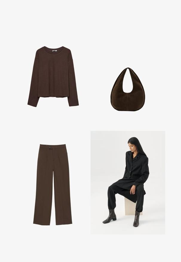 Pull marron à coupe décontractée, col côtelé et manches longues. Texture lisse avec un ourlet arrondi et sans motifs ni accents visibles.; Pantalon droit marron avec fermeture devant par bouton et zip, présentant des lignes nettes, ajustées et une taille mi-haute.; Femme aux longs cheveux foncés assise, portant un blazer noir ample, un pantalon large assorti et des bottines foncées, sur un fond blanc uni.; Sac à main en daim marron foncé en forme de croissant avec une seule sangle large et une texture lisse sur fond blanc.