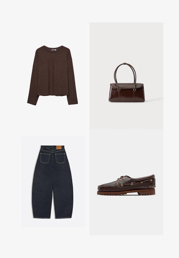 Pull marron à coupe décontractée, col côtelé et manches longues. Texture lisse avec un ourlet arrondi et sans motifs ni accents visibles.; Jean en denim bleu foncé à jambes larges vu de dos avec deux poches plaquées et une étiquette de marque en cuir marron sur la ceinture.; Bateau en cuir marron avec des œillets dorés, des lacets ronds et une semelle en caoutchouc marron texturée. Présente des détails de couture et un logo en relief.; Sac à main en cuir brillant marron foncé avec un corps rectangulaire structuré et deux longues anses arrondies sur un fond clair uni.