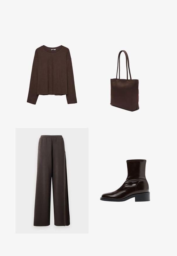 Brun sweater med en afslappet pasform, ribbet rullekrave og lange ærmer. Glat tekstur med en rund kant og ingen synlige mønstre eller accenter.; Mørkebrune brede bukser med elastisk talje og sidelommer, vist mod en hvid baggrund.; Mørkebrun læderankelstøvle med firkantet tå, lav blokhæle og stikning langs øverste kant, vist i sideprofil.; Brun rektangulær skuldertaske med lange dobbelte håndtag og glat, polstret tekstur, vist i let skrå vinkel på hvid baggrund.