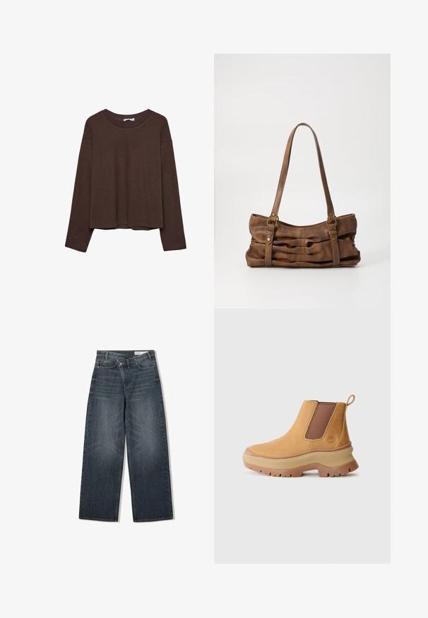 Brun sweater med en afslappet pasform, ribbet rullekrave og lange ærmer. Glat tekstur med en rund kant og ingen synlige mønstre eller accenter.; Mørk vaskede denim jeans med en bred benudskæring, der har høj talje, fem lommer og diskrete slidser på forsiden.; Brune læder ankelstøvle med elastiske sidepaneler, afrundet tå og tyk gummisål med dyb profil; har en trækstrop bag på hælen.; Even&Odd Håndtasker - brown