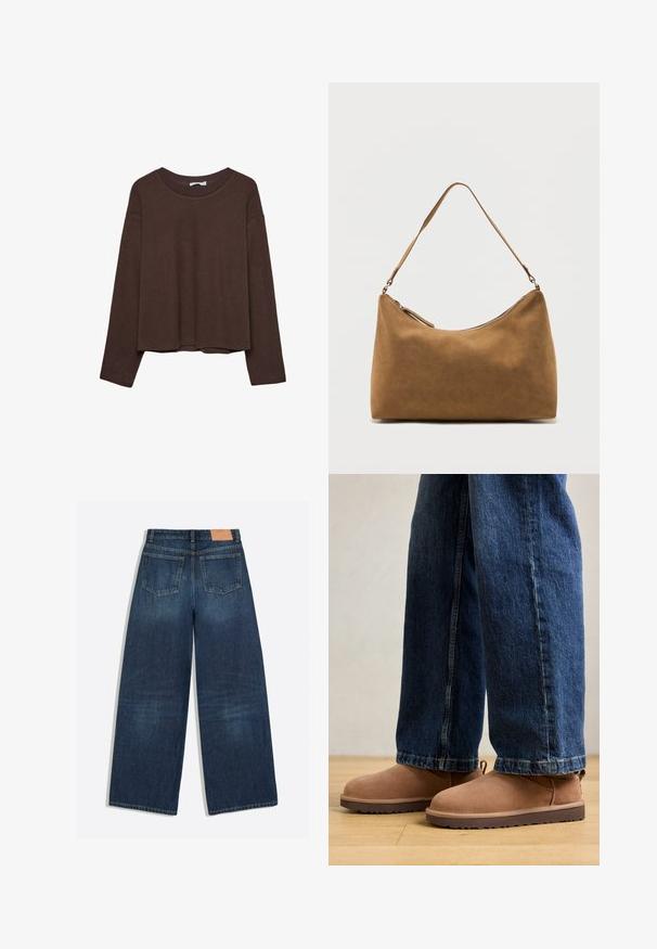 Brun sweater med en afslappet pasform, ribbet rullekrave og lange ærmer. Glat tekstur med en rund kant og ingen synlige mønstre eller accenter.; Mørkeblå vidbenede denimjeans med to baglommer og et brunt læderbrandmærke i linningen.; Brune ruskinds ankelstøvler med flad sål, rund tå og en lille træktab, parret med blå denimjeans med lige skæring.; Brun skuldertaske i ruskind med enkelt rem og lynlås øverst, vist mod en ensfarvet hvid baggrund.