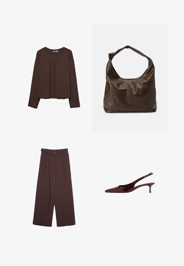 Brun sweater med en afslappet pasform, ribbet rullekrave og lange ærmer. Glat tekstur med en rund kant og ingen synlige mønstre eller accenter.; Stradivarius SMART WIDE-LEG WITH BUCKLE DETAIL - Bukser - dark brown; Skinnende mørkebrun slingback-kittensko med spids tå og justerbar spænde-rem.; Brun flettet lædertaske med en blød, slasket form, et enkelt håndtag og en tekstureret overflade. Den har en blød, blank finish og afrundede kanter.