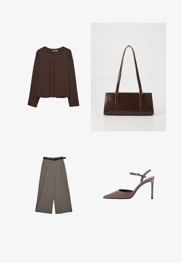 Brun sweater med en afslappet pasform, ribbet rullekrave og lange ærmer. Glat tekstur med en rund kant og ingen synlige mønstre eller accenter.; Bred-læggede grå bukser med frontfolder og et sort bælte, vist fladt på en hvid baggrund.; Brune patentlæder slingback højhælede sko med spids tå, slank ankelrem og høj stiletto-hæl. Glat, blank overflade.; Brun lakeret håndtaske med rektangulær form, to lange håndtag og subtile buede detaljer på fronten.