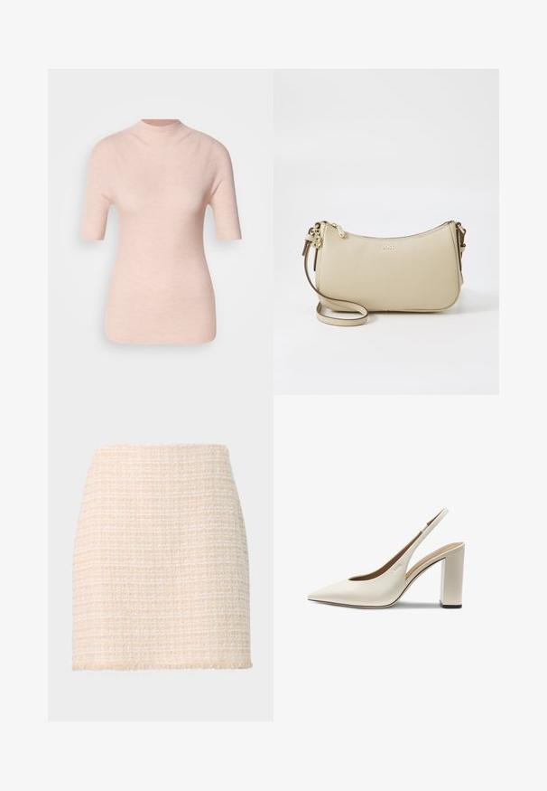 Top corto de manga corta en rosa claro con un cuello alto, que presenta un patrón ribeteado texturizado sobre un fondo neutro.; Mini falda de tweed beige con un patrón de cuadros texturizado, dobladillo desflecado y silueta recta, hecha de una suave tela tejida.; Zapato de mujer con tiras en crema, tacón alto, puntera puntiaguda y tacón ancho sobre fondo blanco.; Bolso de hombro de cuero beige con forma curva, detalles en dorado, cierre con cremallera y correa ajustable. Logotipo "BOSS" grabado en la parte frontal.