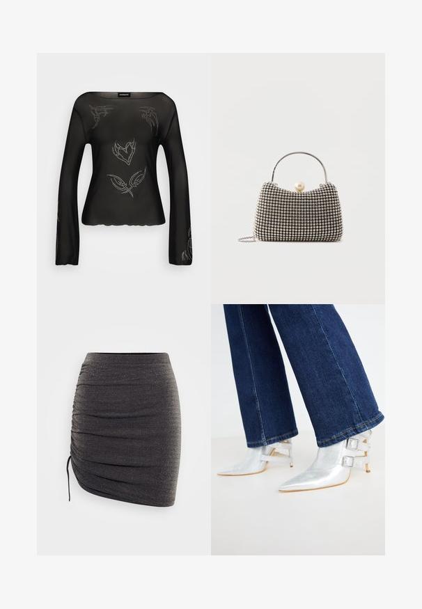 Zwarte langsgestreepte sheer top met decoratieve zilveren details en een gegolfde zoom. Glad textuur met een ontspannen pasvorm en brede halslijn.; Zwarte minirok van zacht, rekbaar materiaal met een subtiele glans. Beschikt over geplooide details en een trekkoord aan één zijde.; Zilveren, metallic enkellaarsjes met een spitse neus en twee gespsluiten. Draagt met donkerblauwe, licht uitlopende spijkerbroeken.; Kleine handtas met zilverkleurig rasterpatroon, gebogen handvat, grote parel sluiting en een dunne zilveren kettingriem op een effen achtergrond.