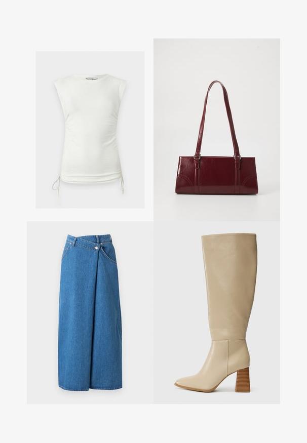 Haut blanc sans manches froncé avec cordons au bas et col rond, présenté sur fond uni.; Jupe midi en denim bleu avec panneau avant superposé, passants pour ceinture, poches latérales et fermeture par bouton à la taille.; Botte en cuir beige haute jusqu'au genou avec un bout pointu, un talon bloc texturé et une surface lisse. Détail de couture à la cheville et en haut de la tige.; Sac à main bordeaux en matériau brillant, de forme rectangulaire, avec deux anses et des accents légèrement courbés à l'avant.