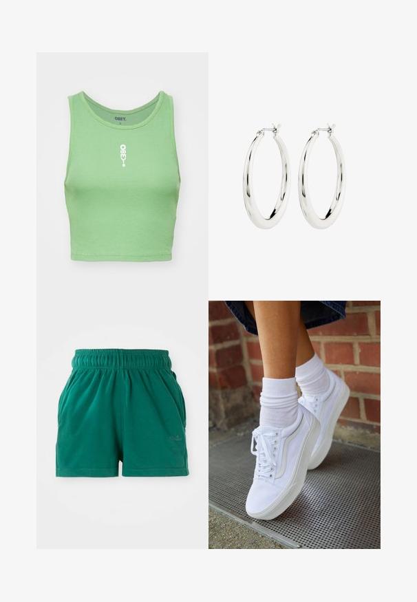 Mintgrünes, geripptes Crop-Top mit Rundhalsausschnitt. Auf der Vorderseite befindet sich mittig das weiße "OBEY"-Logo. Der Stoff hat eine weiche, strukturierte Optik.; Grüne lässige Shorts mit elastischem Bund, Seitentaschen und dezentem Logo am rechten Oberschenkel.; Weiße Leinensneaker mit Gummisohlen, ausgestattet mit sechs Ösen, runder Zehenpartie und dezenten Nähten, kombiniert mit weißen Knöchelsocken.; Silberne Creolen mit einer glatten, glänzenden Oberfläche. Kreisform, ausgestattet mit einem sicheren Verschluss. Einfaches und elegantes Design.